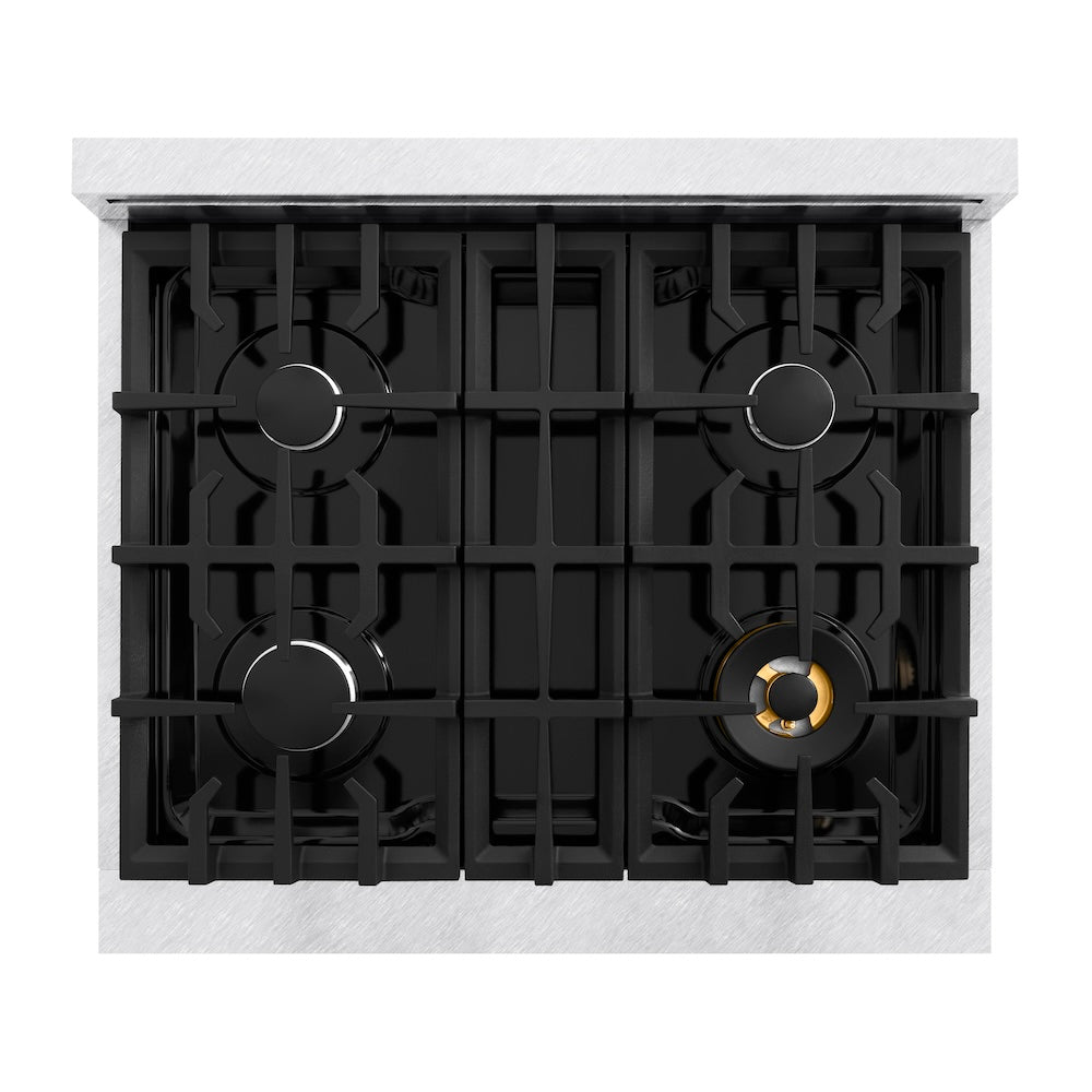 ZLINE 30 in. 4.2 cu. ft. Classic Gas Range with 4 Burner Cooktop and Convection Gas Oven in Satin Stainless Steel with Black Matte Door (CGRS-BLM-30) top-down, above cooktop.