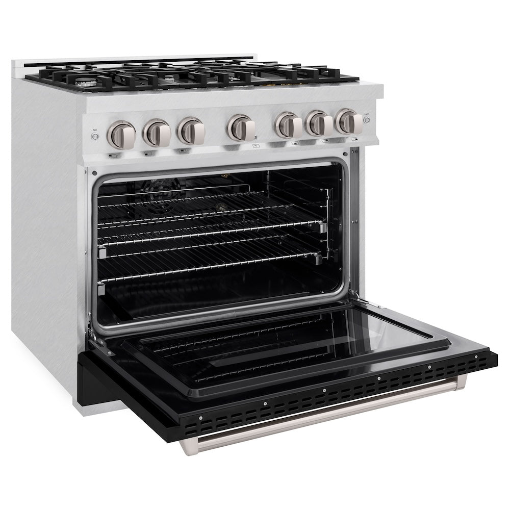 ZLINE 36 in. 5.2 cu. ft. Classic Gas Range with 6 Burner Cooktop and Convection Gas Oven in Satin Stainless Steel with Black Matte Door (CGRS-BLM-36) side, open.