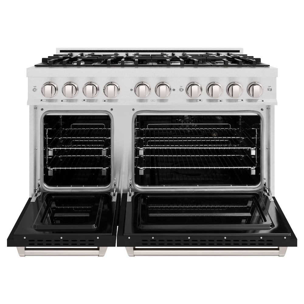 ZLINE 48 in. 6.7 cu. ft. Classic Double Oven Gas Range with 8 Burner Cooktop in Satin Stainless Steel with Black Matte Doors (CGRS-BLM-48) front, oven open.