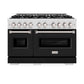 ZLINE 48 in. 6.7 cu. ft. Classic Double Oven Gas Range with 8 Burner Cooktop in Satin Stainless Steel with Black Matte Doors (CGRS-BLM-48) front.
