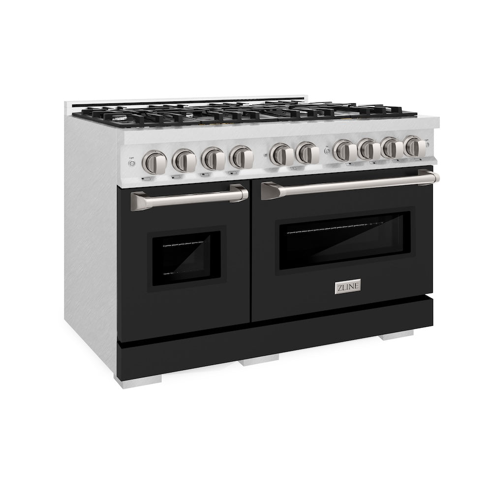 ZLINE 48 in. 6.7 cu. ft. Classic Double Oven Gas Range with 8 Burner Cooktop in Satin Stainless Steel with Black Matte Doors (CGRS-BLM-48) main image.