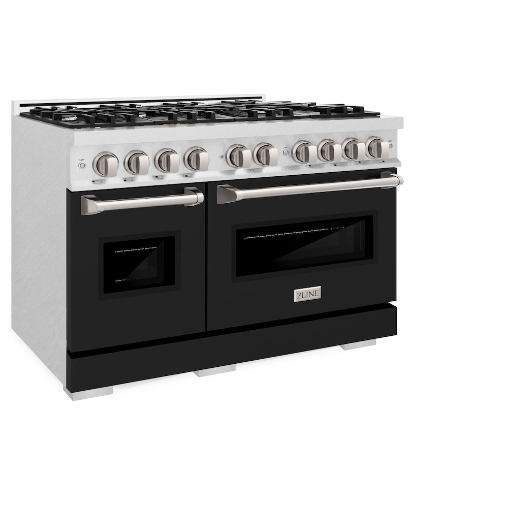 ZLINE 48 in. 6.7 cu. ft. Classic Double Oven Gas Range with 8 Burner Cooktop in Satin Stainless Steel with Black Matte Doors (CGRS-BLM-48) side.