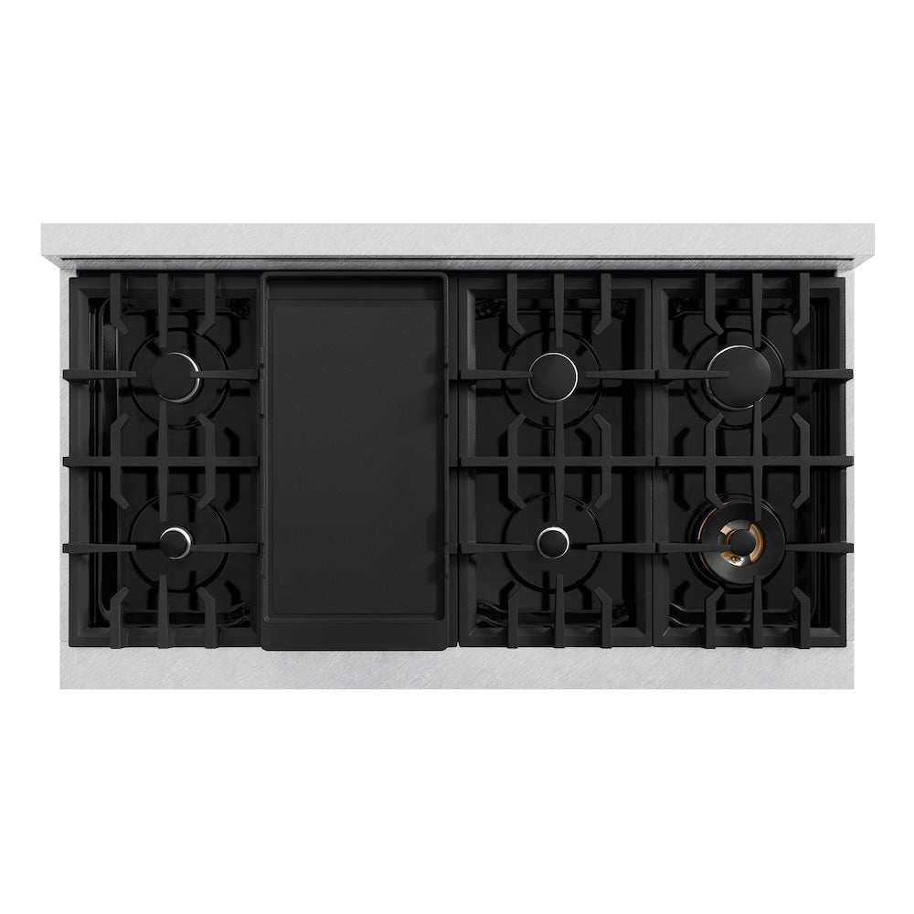ZLINE 48 in. 6.7 cu. ft. Classic Double Oven Gas Range with 8 Burner Cooktop in Satin Stainless Steel with Black Matte Doors (CGRS-BLM-48) top-down, above cooktop.