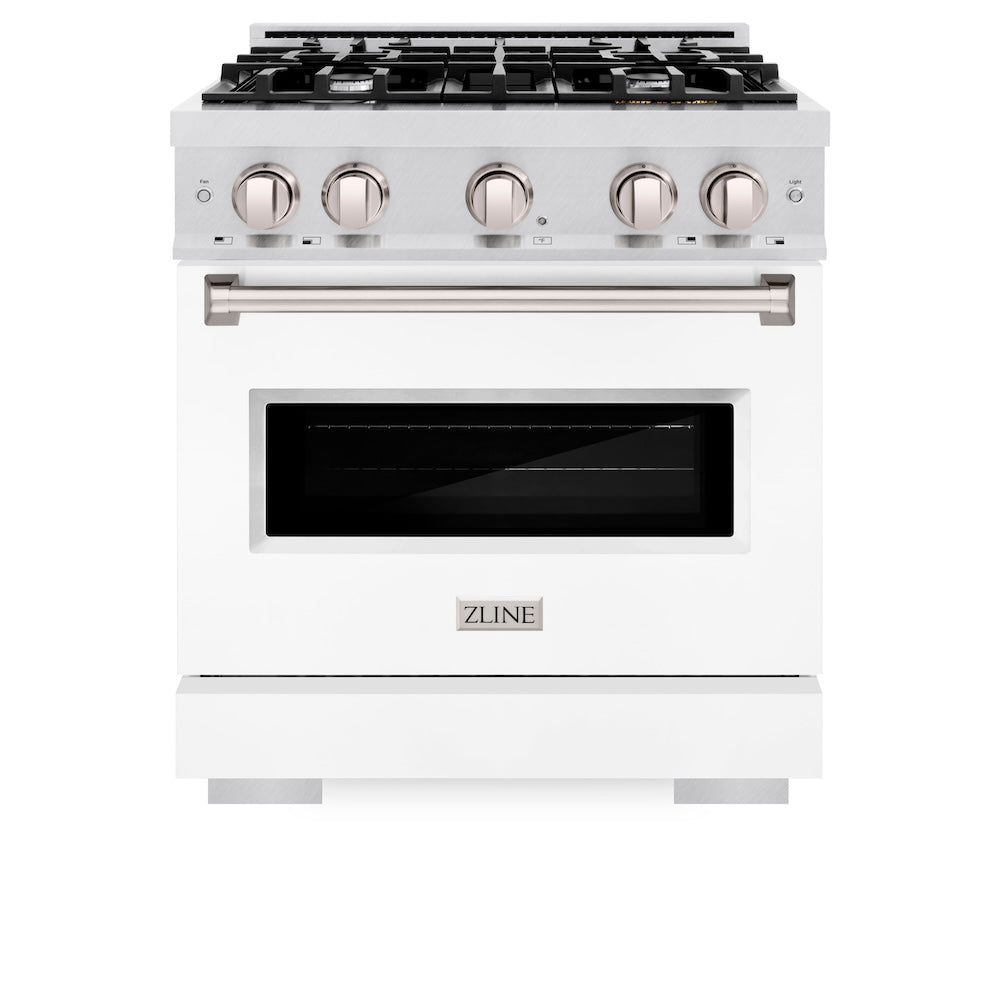 ZLINE 30 in. 4.2 cu. ft. Classic Gas Range with 4 Burner Cooktop and Convection Gas Oven in Satin Stainless Steel with White Matte Door (CGRS-WM-30) front.