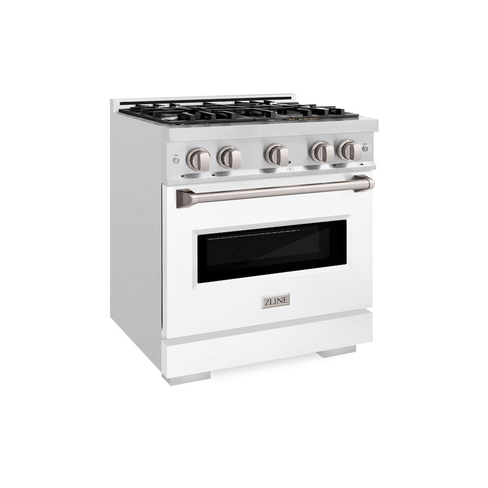 ZLINE 30 in. 4.2 cu. ft. Classic Gas Range with 4 Burner Cooktop and Convection Gas Oven in Satin Stainless Steel with White Matte Door (CGRS-WM-30) main image.