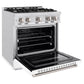 ZLINE 30 in. 4.2 cu. ft. Classic Gas Range with 4 Burner Cooktop and Convection Gas Oven in Satin Stainless Steel with White Matte Door (CGRS-WM-30) side, open.