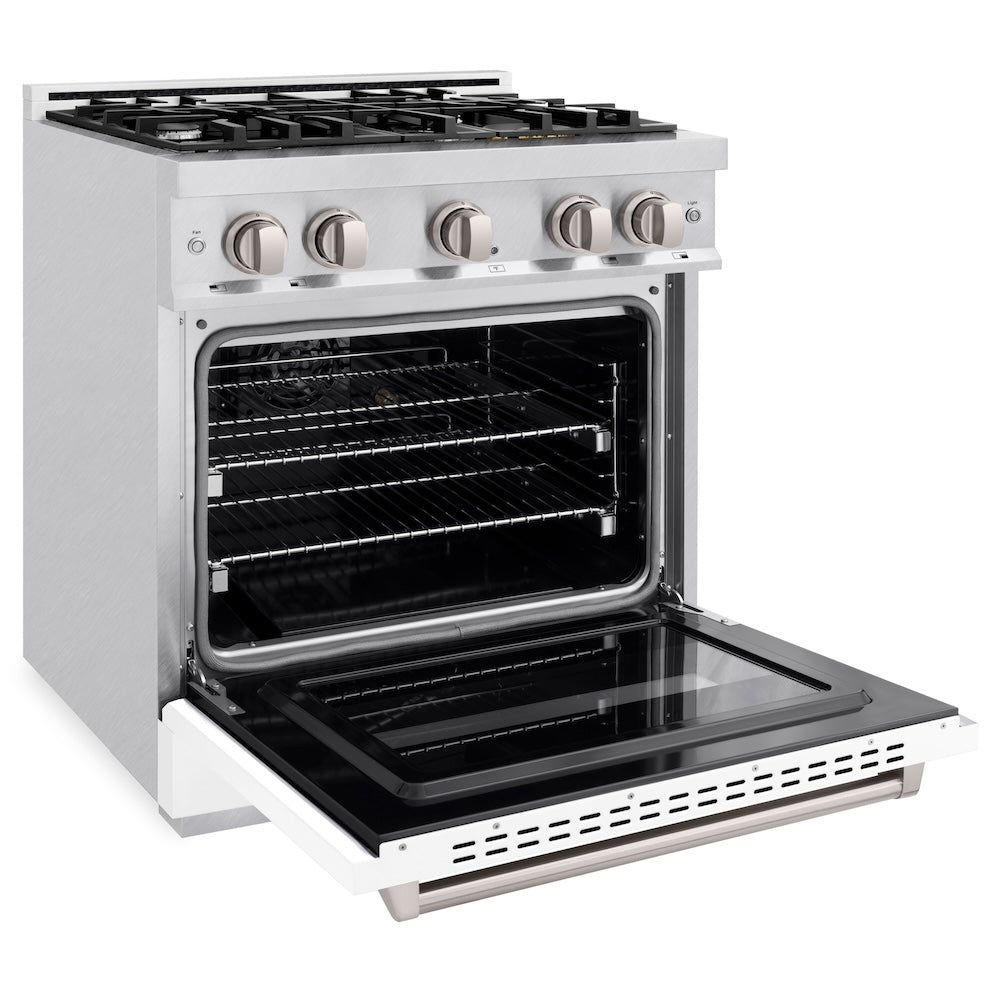 ZLINE 30 in. 4.2 cu. ft. Classic Gas Range with 4 Burner Cooktop and Convection Gas Oven in Satin Stainless Steel with White Matte Door (CGRS-WM-30) side, open.