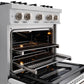 ZLINE 30 in. 4.2 cu. ft. Classic Gas Range with 4 Burner Cooktop and Convection Gas Oven in Satin Stainless Steel with White Matte Door (CGRS-WM-30) close-up, open oven with racks extended, showing interior components.