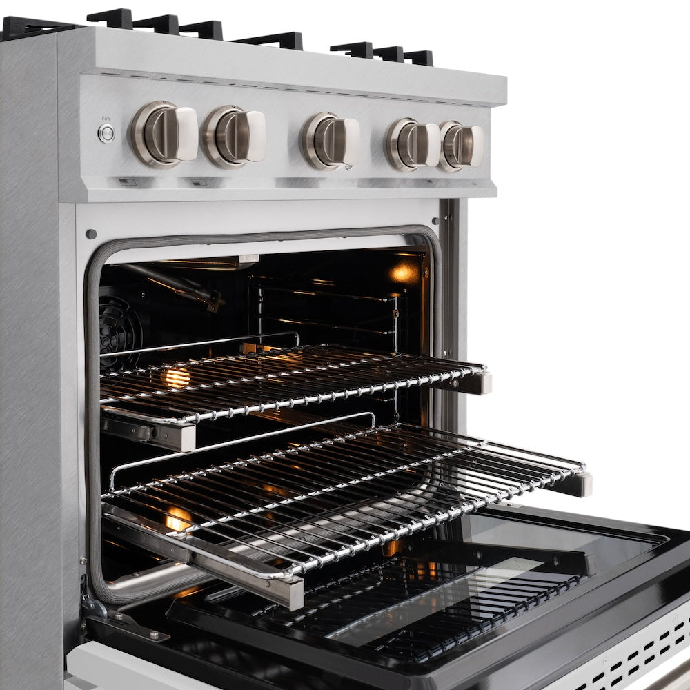ZLINE 30 in. 4.2 cu. ft. Classic Gas Range with 4 Burner Cooktop and Convection Gas Oven in Satin Stainless Steel with White Matte Door (CGRS-WM-30) close-up, open oven with racks extended, showing interior components.