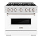 ZLINE 36 in. 5.2 cu. ft. Classic Gas Range with 6 Burner Cooktop and Convection Gas Oven in Satin Stainless Steel with White Matte Door (CGRS-WM-36) front.