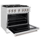ZLINE 36 in. 5.2 cu. ft. Classic Gas Range with 6 Burner Cooktop and Convection Gas Oven in Satin Stainless Steel with White Matte Door (CGRS-WM-36) side, open.
