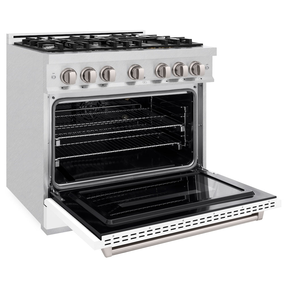 ZLINE 36 in. 5.2 cu. ft. Classic Gas Range with 6 Burner Cooktop and Convection Gas Oven in Satin Stainless Steel with White Matte Door (CGRS-WM-36) side, open.
