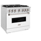 ZLINE 36 in. 5.2 cu. ft. Classic Gas Range with 6 Burner Cooktop and Convection Gas Oven in Satin Stainless Steel with White Matte Door (CGRS-WM-36) side.