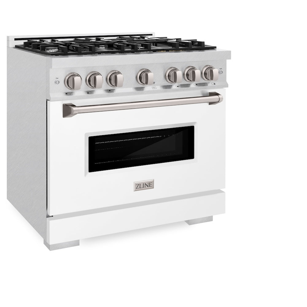 ZLINE 36 in. 5.2 cu. ft. Classic Gas Range with 6 Burner Cooktop and Convection Gas Oven in Satin Stainless Steel with White Matte Door (CGRS-WM-36) side.