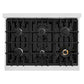 ZLINE 36 in. 5.2 cu. ft. Classic Gas Range with 6 Burner Cooktop and Convection Gas Oven in Satin Stainless Steel with White Matte Door (CGRS-WM-36) top-down, above cooktop.
