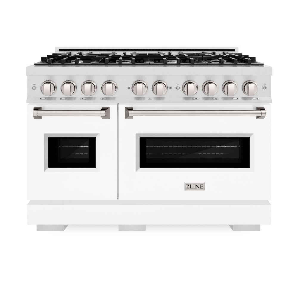 ZLINE 48 in. 6.7 cu. ft. Classic Double Oven Gas Range with 8 Burner Cooktop in Satin Stainless Steel with White Matte Doors (CGRS-WM-48) front.