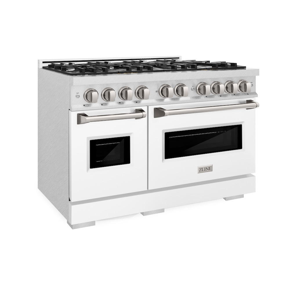 ZLINE 48 in. 6.7 cu. ft. Classic Double Oven Gas Range with 8 Burner Cooktop in Satin Stainless Steel with White Matte Doors (CGRS-WM-48) main image.