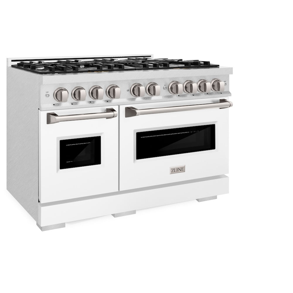 ZLINE 48 in. 6.7 cu. ft. Classic Double Oven Gas Range with 8 Burner Cooktop in Satin Stainless Steel with White Matte Doors (CGRS-WM-48) side.