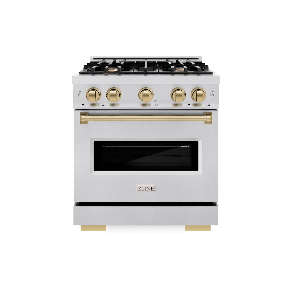 ZLINE Autograph Edition 30 in. 4.2 cu. ft. Classic Gas Range with 4 Burner Cooktop and Convection Gas Oven in Satin Stainless Steel and Champagne Bronze Accents, Open Box-Great Condition
