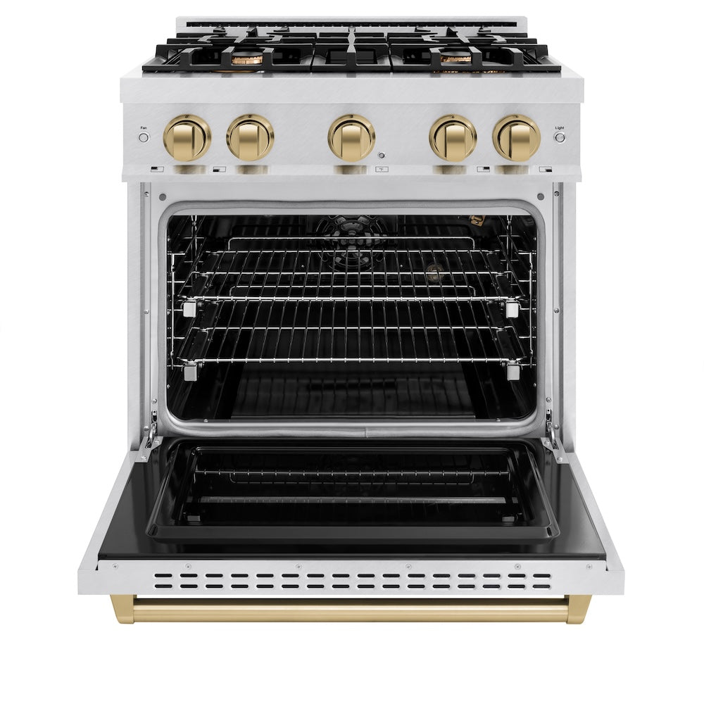 ZLINE Autograph Edition 30 in. 4.2 cu. ft. Classic Gas Range with 4 Burner Cooktop and Convection Gas Oven in Satin Stainless Steel and Champagne Bronze Accents, Open Box-Great Condition