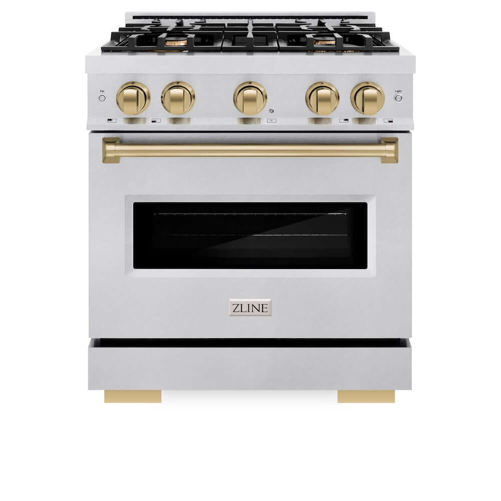 ZLINE Autograph Edition 30 in. 4.2 cu. ft. Classic Gas Range with 4 Burner Cooktop and Convection Gas Oven in Satin Stainless Steel and Champagne Bronze Accents, Open Box-Good Condition