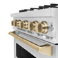 ZLINE Autograph Edition 30 in. 4.2 cu. ft. Classic Gas Range with 4 Burner Cooktop and Convection Gas Oven in Satin Stainless Steel and Champagne Bronze Accents (CGRSZ-30-CB) oven door slightly open showing handle detail.