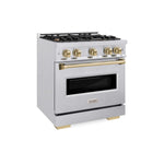 ZLINE Autograph Edition 30 in. 4.2 cu. ft. Classic Gas Range with 4 Burner Cooktop and Convection Gas Oven in Satin Stainless Steel and Champagne Bronze Accents, Open Box-Good Condition