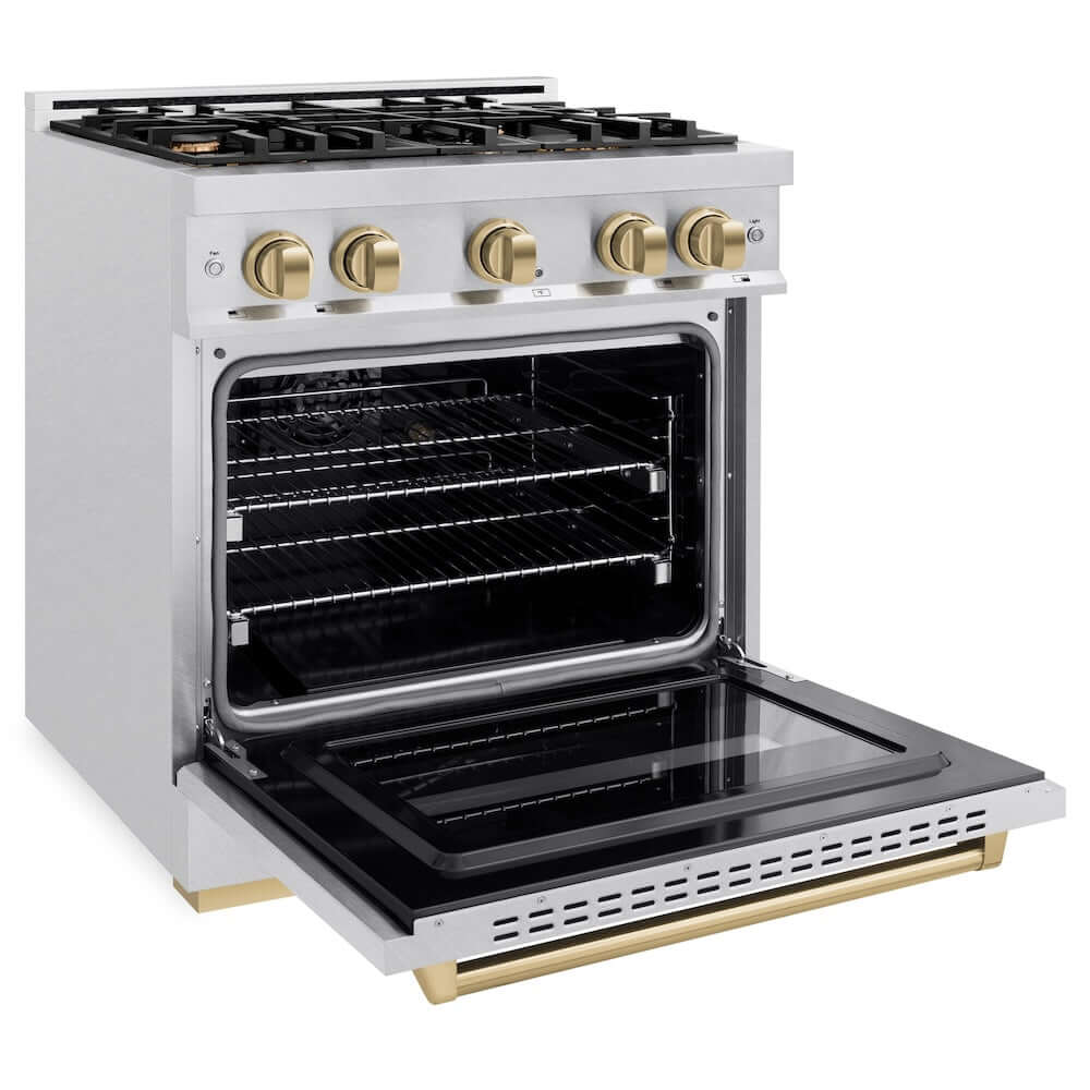 ZLINE Autograph Edition 30 in. 4.2 cu. ft. Classic Gas Range with 4 Burner Cooktop and Convection Gas Oven in Satin Stainless Steel and Champagne Bronze Accents, Open Box-Good Condition