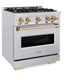 ZLINE Autograph Edition 30 in. 4.2 cu. ft. Classic Gas Range with 4 Burner Cooktop and Convection Gas Oven in Satin Stainless Steel and Champagne Bronze Accents, Open Box-Good Condition