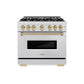 ZLINE Autograph Edition 36 in. 5.2 cu. ft. Classic Gas Range with 6 Burner Cooktop and Convection Gas Oven in Satin Stainless Steel and Champagne Bronze Accents, Open Box-Great Condition