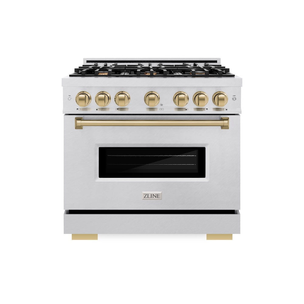 ZLINE Autograph Edition 36 in. 5.2 cu. ft. Classic Gas Range with 6 Burner Cooktop and Convection Gas Oven in Satin Stainless Steel and Champagne Bronze Accents, Open Box-Great Condition