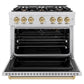 ZLINE Autograph Edition 36 in. 5.2 cu. ft. Classic Gas Range with 6 Burner Cooktop and Convection Gas Oven in Satin Stainless Steel and Champagne Bronze Accents (CGRSZ-36-CB) front, oven open.