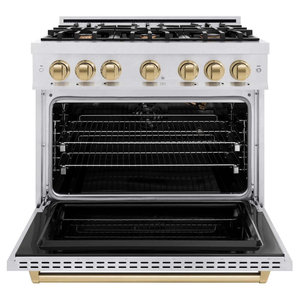 ZLINE Autograph Edition 36 in. 5.2 cu. ft. Classic Gas Range with 6 Burner Cooktop and Convection Gas Oven in Satin Stainless Steel and Champagne Bronze Accents, Open Box-Good Condition