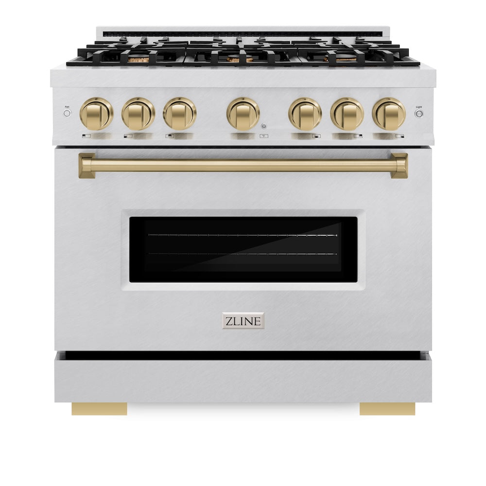 ZLINE Autograph Edition 36 in. 5.2 cu. ft. Classic Gas Range with 6 Burner Cooktop and Convection Gas Oven in Satin Stainless Steel and Champagne Bronze Accents (CGRSZ-36-CB) front.