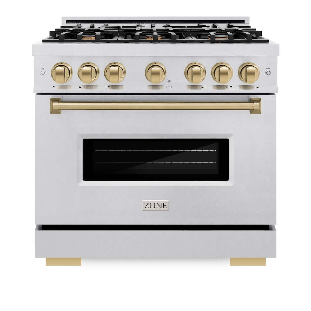 ZLINE Autograph Edition 36 in. 5.2 cu. ft. Classic Gas Range with 6 Burner Cooktop and Convection Gas Oven in Satin Stainless Steel and Champagne Bronze Accents, Open Box-Good Condition