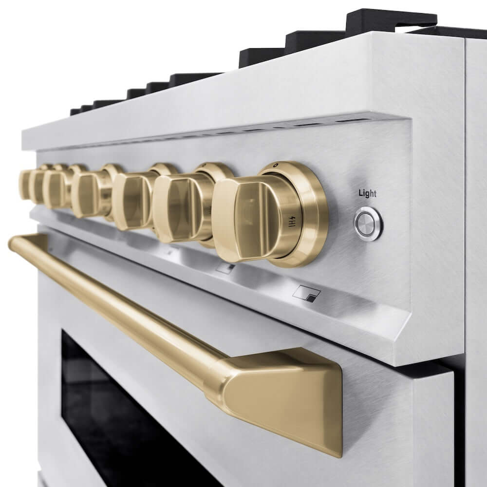 ZLINE Autograph Edition 36 in. 5.2 cu. ft. Classic Gas Range with 6 Burner Cooktop and Convection Gas Oven in Satin Stainless Steel and Champagne Bronze Accents, Open Box-Good Condition