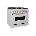 ZLINE Autograph Edition 36 in. 5.2 cu. ft. Classic Gas Range with 6 Burner Cooktop and Convection Gas Oven in Satin Stainless Steel and Champagne Bronze Accents, Open Box-Good Condition