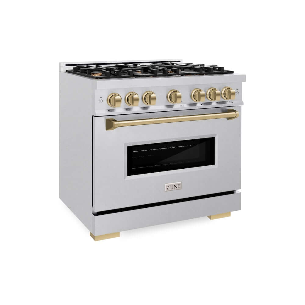ZLINE Autograph Edition 36 in. 5.2 cu. ft. Classic Gas Range with 6 Burner Cooktop and Convection Gas Oven in Satin Stainless Steel and Champagne Bronze Accents, Open Box-Good Condition