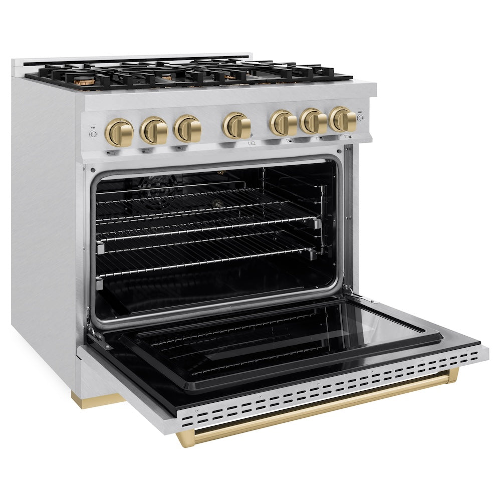 ZLINE Autograph Edition 36 in. 5.2 cu. ft. Classic Gas Range with 6 Burner Cooktop and Convection Gas Oven in Satin Stainless Steel and Champagne Bronze Accents (CGRSZ-36-CB) side, open.