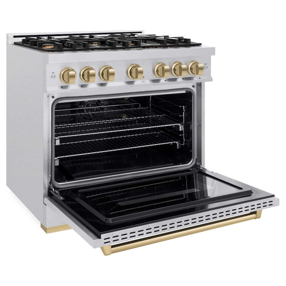ZLINE Autograph Edition 36 in. 5.2 cu. ft. Classic Gas Range with 6 Burner Cooktop and Convection Gas Oven in Satin Stainless Steel and Champagne Bronze Accents, Open Box-Good Condition