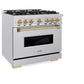 ZLINE Autograph Edition 36 in. 5.2 cu. ft. Classic Gas Range with 6 Burner Cooktop and Convection Gas Oven in Satin Stainless Steel and Champagne Bronze Accents, Open Box-Good Condition