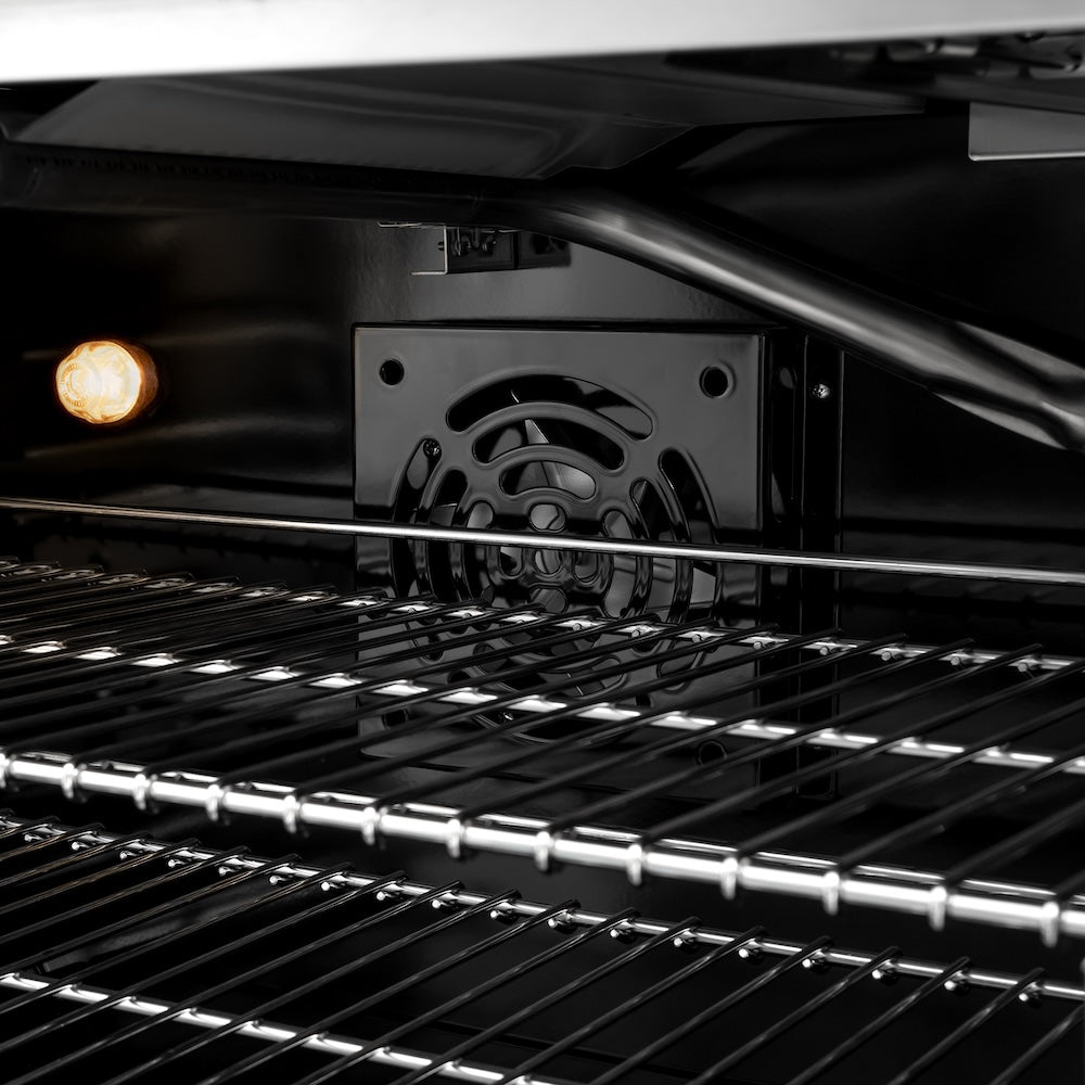 ZLINE Autograph Edition 48 in. 6.7 cu. ft. Classic Double Oven Gas Range with 8 Burner Cooktop in Satin Stainless Steel and Champagne Bronze Accents (CGRSZ-48-CB) convection fan and lighting inside oven.