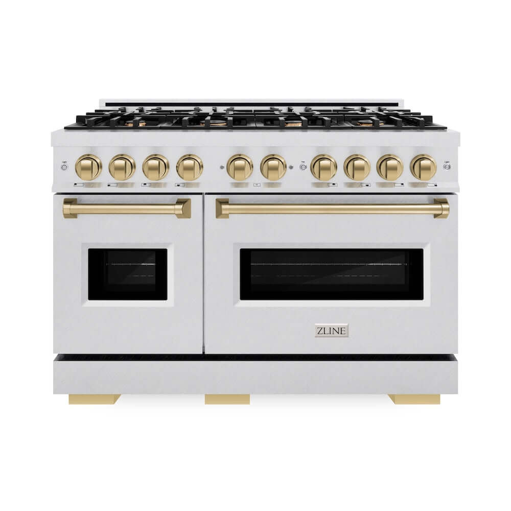 ZLINE Autograph Edition 48 in. 6.7 cu. ft. Classic Double Oven Gas Range with 8 Burner Cooktop in Satin Stainless Steel and Champagne Bronze Accents, Open Box-Good Condition