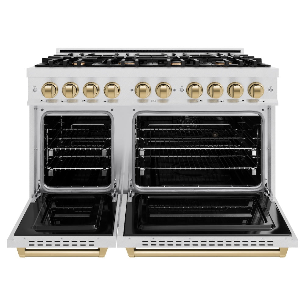 ZLINE Autograph Edition 48 in. 6.7 cu. ft. Classic Double Oven Gas Range with 8 Burner Cooktop in Satin Stainless Steel and Champagne Bronze Accents (CGRSZ-48-CB) front, oven open.