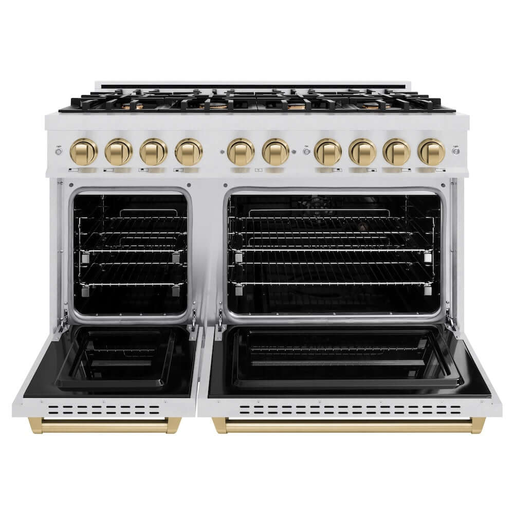 ZLINE Autograph Edition 48 in. 6.7 cu. ft. Classic Double Oven Gas Range with 8 Burner Cooktop in Satin Stainless Steel and Champagne Bronze Accents, Open Box-Good Condition