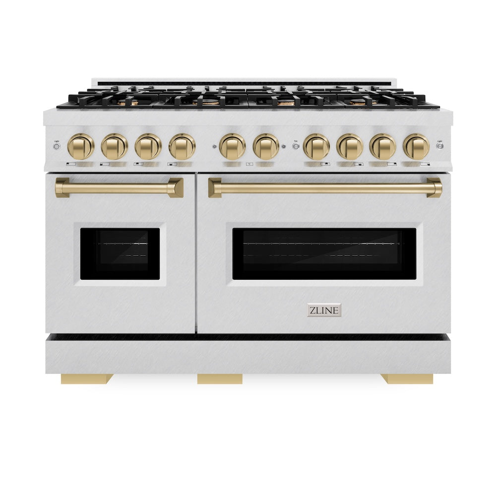 ZLINE Autograph Edition 48 in. 6.7 cu. ft. Classic Double Oven Gas Range with 8 Burner Cooktop in Satin Stainless Steel and Champagne Bronze Accents (CGRSZ-48-CB) front.