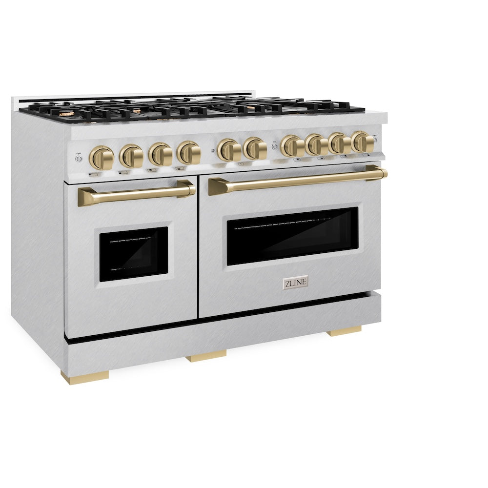 ZLINE Autograph Edition 48 in. 6.7 cu. ft. Classic Double Oven Gas Range with 8 Burner Cooktop in Satin Stainless Steel and Champagne Bronze Accents (CGRSZ-48-CB) side.