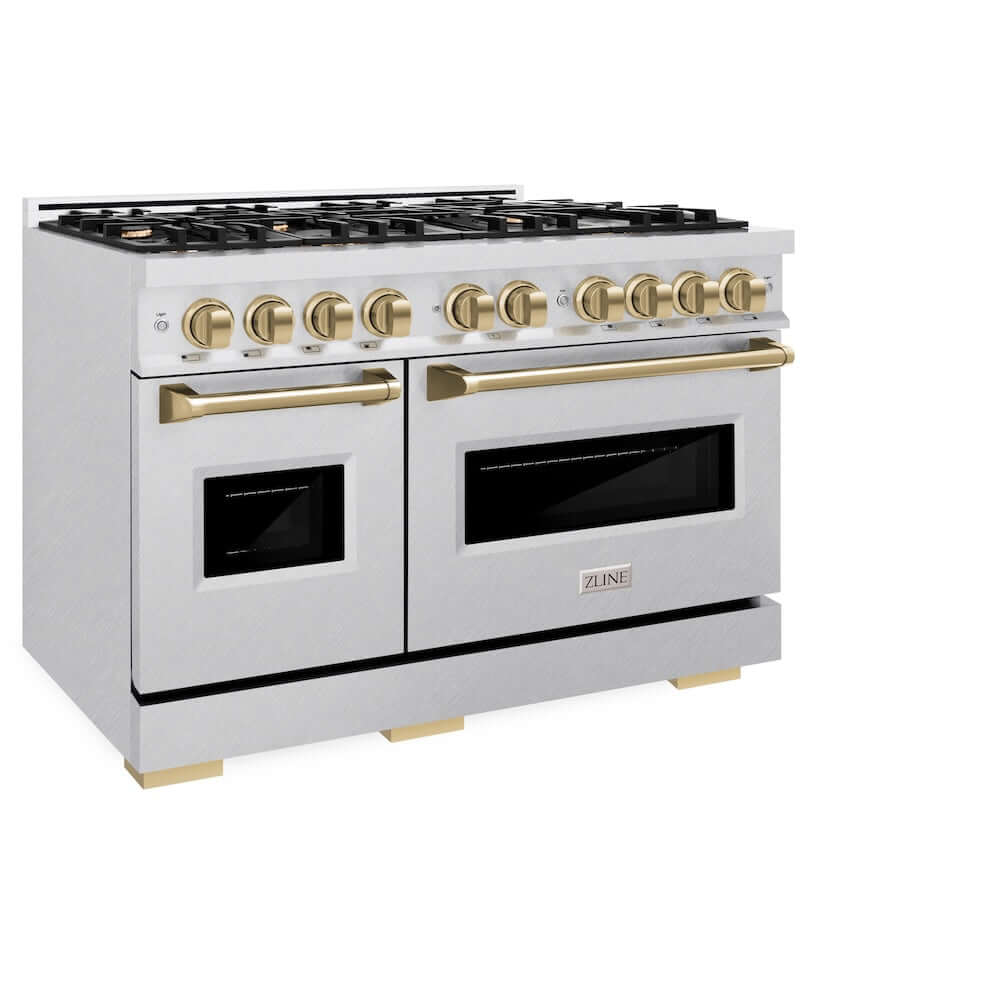ZLINE Autograph Edition 48 in. 6.7 cu. ft. Classic Double Oven Gas Range with 8 Burner Cooktop in Satin Stainless Steel and Champagne Bronze Accents, Open Box-Good Condition