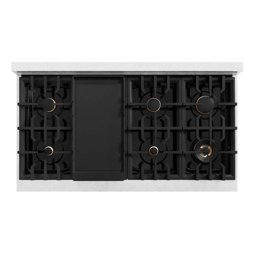 ZLINE Autograph Edition 48 in. 6.7 cu. ft. Classic Double Oven Gas Range with 8 Burner Cooktop in Satin Stainless Steel and Champagne Bronze Accents, Open Box-Good Condition