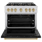 ZLINE Autograph Edition 36 in. 5.2 cu. ft. Classic Gas Range with 6 Burner Cooktop and Convection Gas Oven in Satin Stainless Steel with Black Matte Door and Champagne Bronze Accents (CGRSZ-BLM-36-CB) front, oven open.